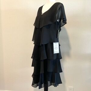 SLNY Georgette Ruffle Tiered Dress Black Size 14 New With Tags